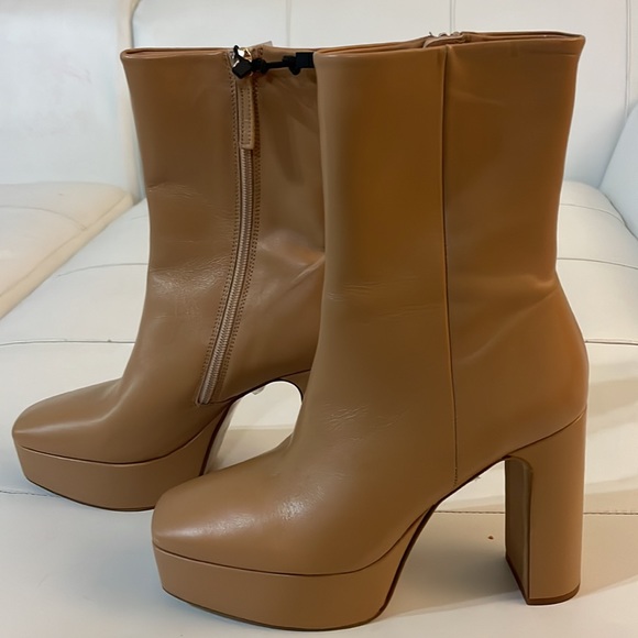 NWT Zara nude tan cognac genuine leather platform ankle boots 38 Fall Staple - Picture 2 of 7